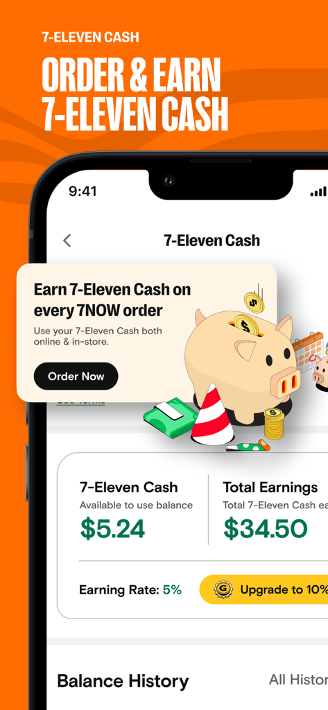 7-Eleven: Rewards & Shopping - Mobile interface of the 7-Eleven app showing 7-Eleven Cash rewards balance and earning rates.