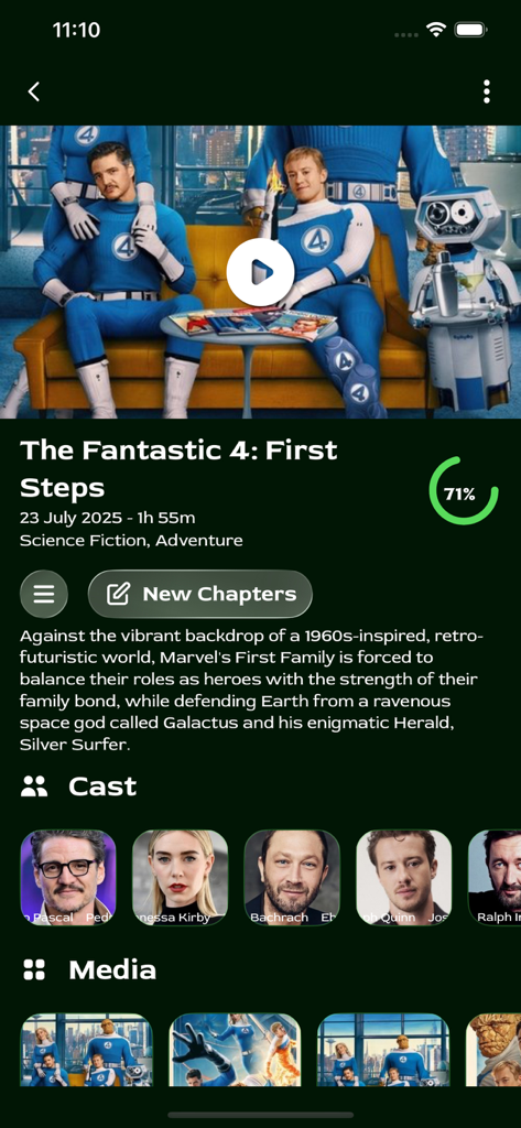 Captura de tela do aplicativo OneTV exibindo detalhes do filme O Quarteto Fantástico com lista de elenco e recursos de narração.