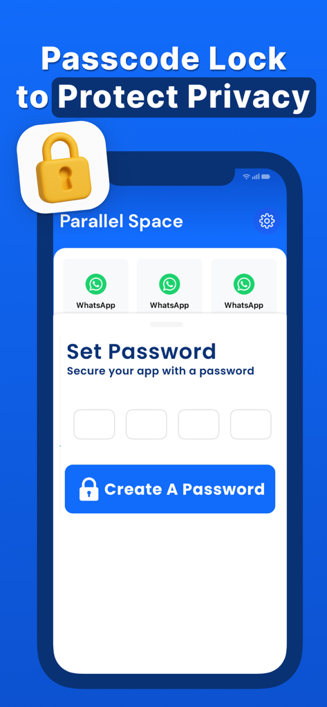 Parallel Space: Dual Accounts' - Parallel Space app interface showing the passcode lock feature to protect dual account privacy