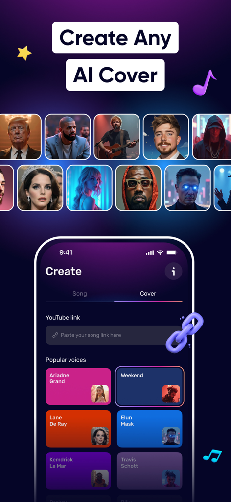 AIR Music - AI Song Generator - AIR Music App-Oberfläche zur Erstellung von KI-Song-Covern mit beliebten Promi-Stimmen.