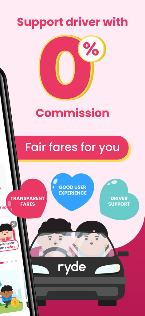 RYDE - Ride Hailing & More - Promotional screen for the RYDE app highlighting its zero percent commission model and fair fares for users.