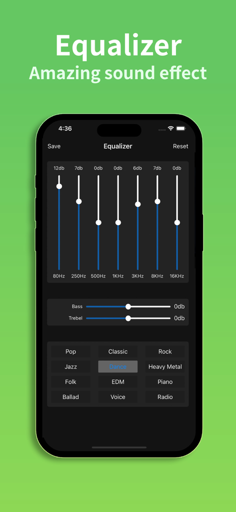 Interfaz del ecualizador en la aplicación Any MP3 Converter que muestra deslizadores de frecuencia y preajustes de géneros musicales.