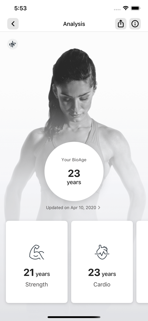 Places Fitness - Places Fitness app analysis screen displaying BioAge results for strength and cardio