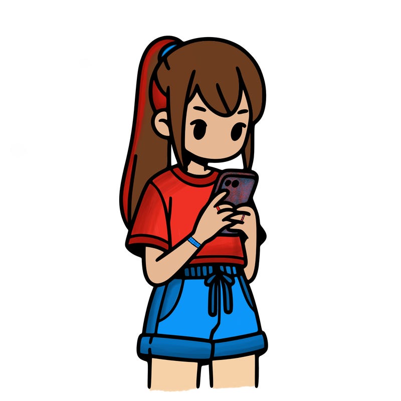 girl in a top and shorts with the phone down and she has a long ponytail