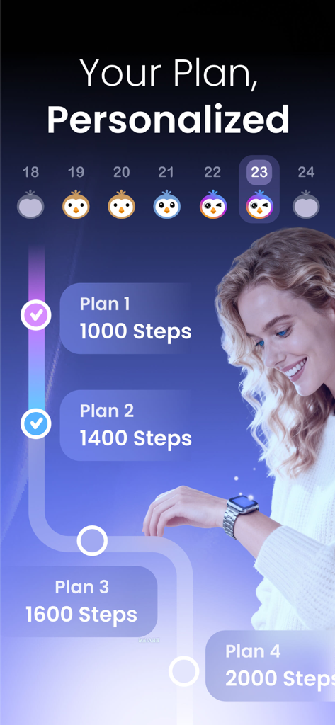 BodyWave: Health Tracker - BodyWave app interface showing a personalized daily step goal plan and a woman using an Apple Watch