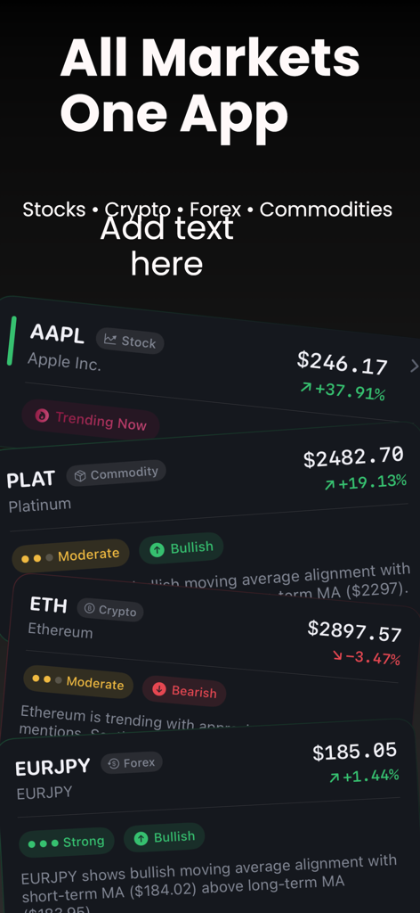 TradeGPT - TradeGPT app interface showing real-time AI analysis for stocks, crypto, and forex assets.