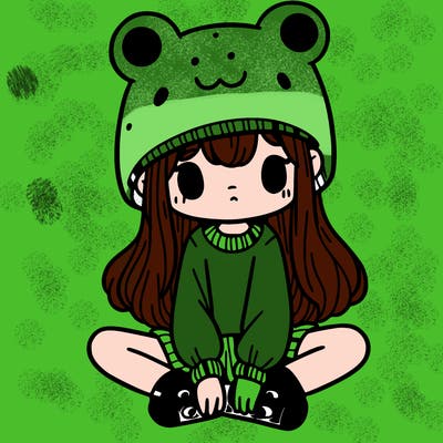 a girl wearing a frog hat and some frog socks