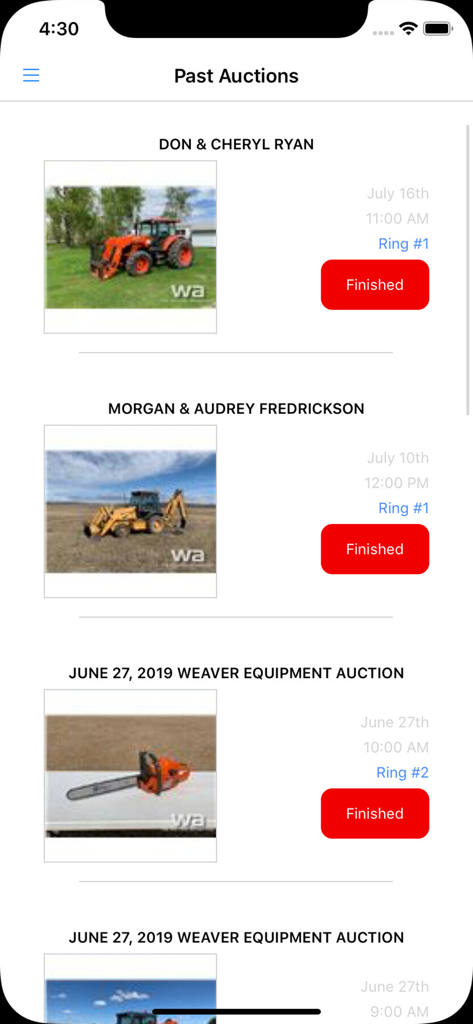 Weaver Auctions - Weaver Auctions mobile app interface showing a list of past auctions for farming and construction equipment