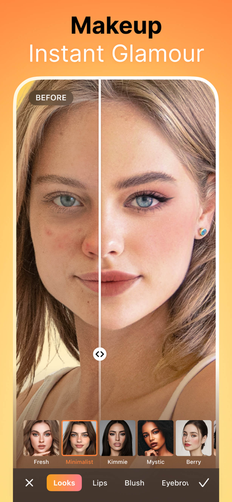 Airbrush 메이크업 기능을 사용하는 여성의 얼굴 전후 비교