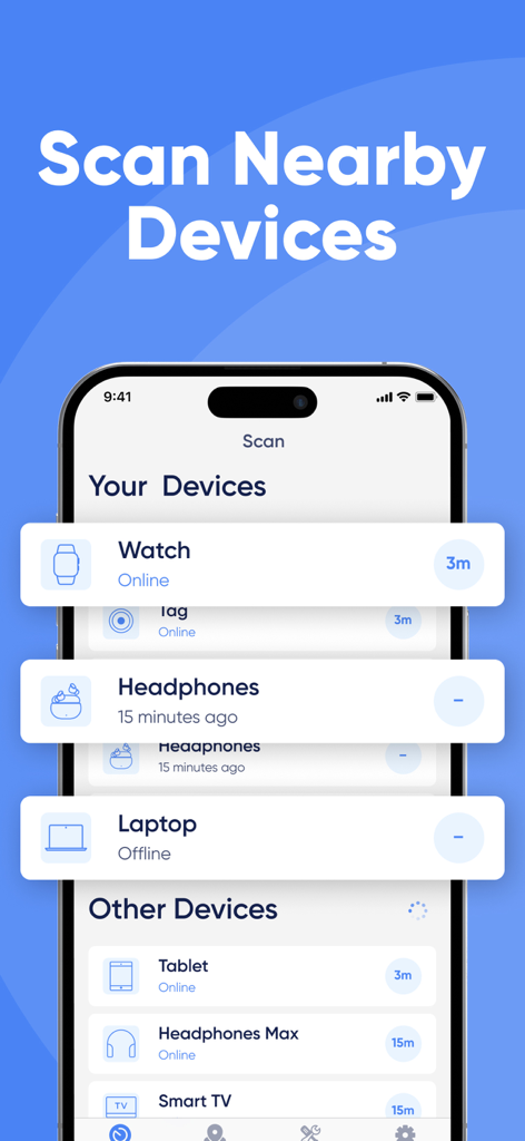 Find Lost Bluetooth Device Pro - A screenshot of the Find Lost Bluetooth Device Pro app showing a list of nearby devices like a watch and headphones with estimated distances.