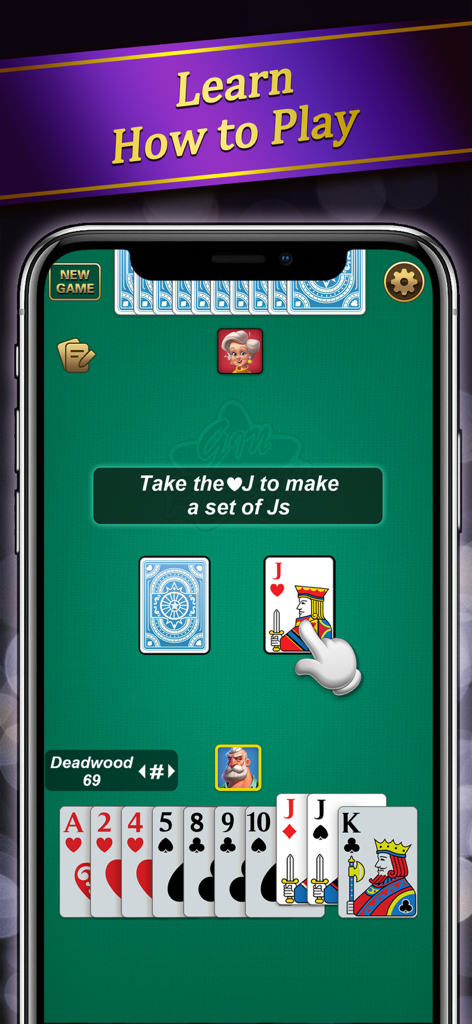 Gin Rummy - Classic Card Game· - Gin Rummy mobile game screenshot showing a tutorial on how to play and form a set with a Jack of Hearts
