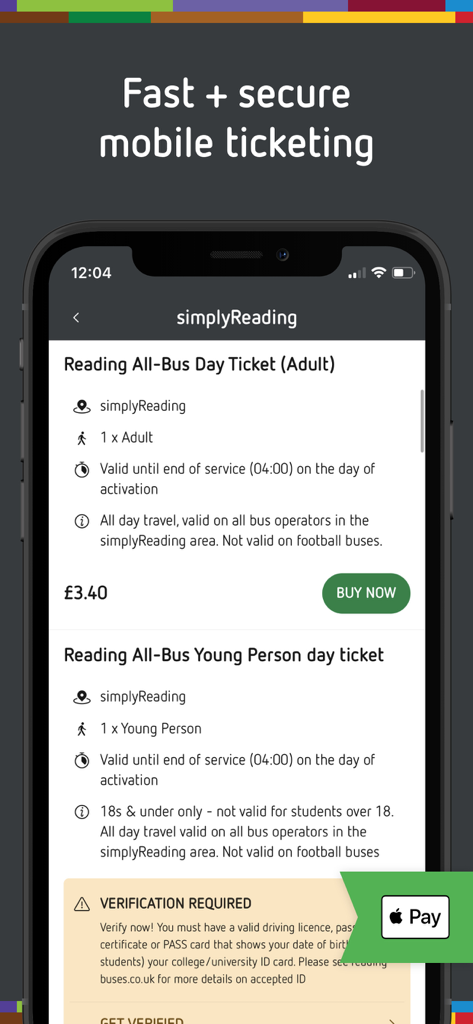 Reading Buses app interface showing secure mobile ticket purchase options and Apple Pay integration