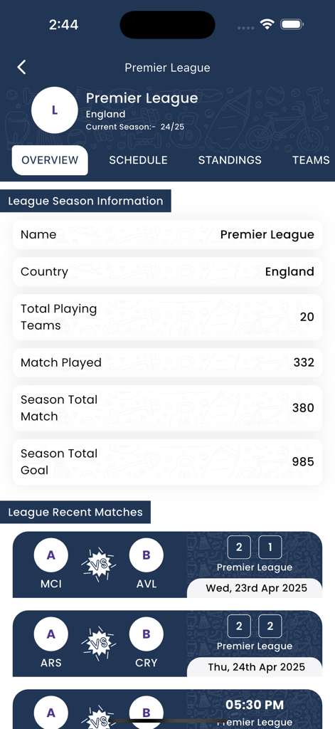 Tudo Football app screen displaying Premier League season statistics and recent match results.