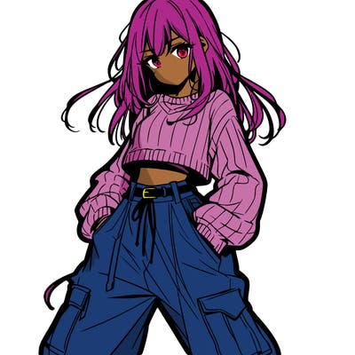 anime teen girl with baggy pants and crop top with sweater
