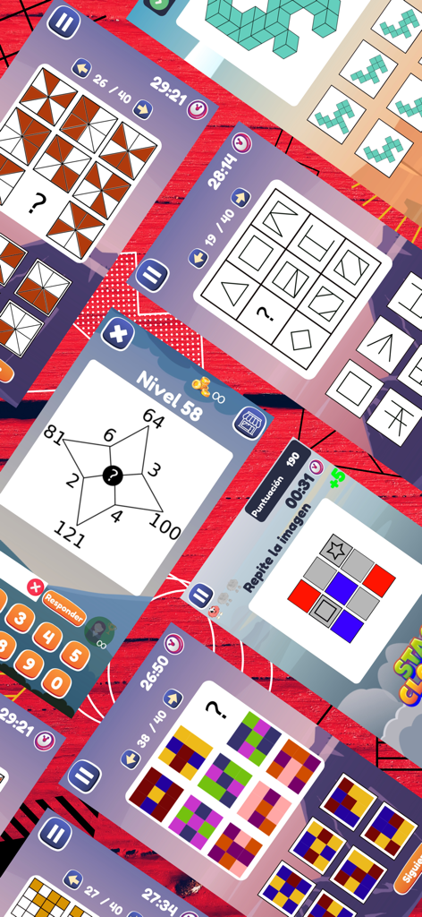 論理および数学テストを含む、知能および脳トレパズルのコラージュ。