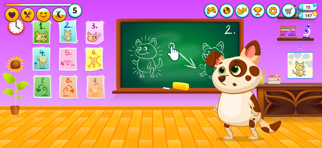 Duddu - My Virtual Pet Dog - Duddu, o cão de estimação virtual, em pé em uma sala de aula com um quadro-negro e desenhos