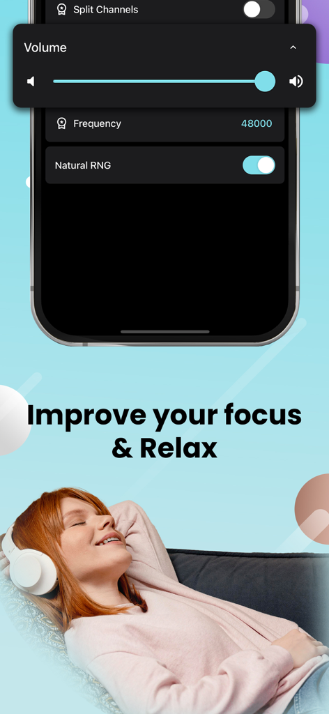 Noise: Green, Brown, White - Una mujer con auriculares se relaja en un sofá mientras la aplicación muestra la configuración de frecuencia de audio y volumen.