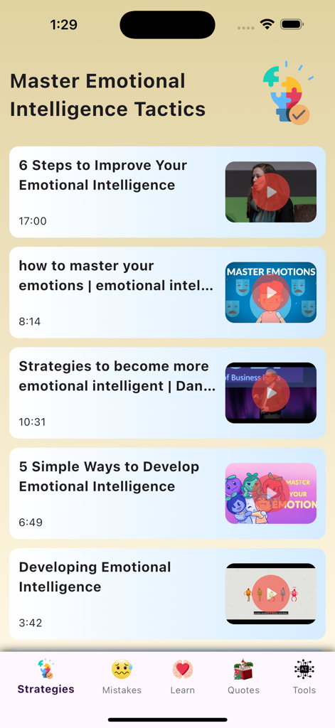 Un elenco di video lezioni nell'app focalizzati su strategie per padroneggiare tattiche di intelligenza emotiva.