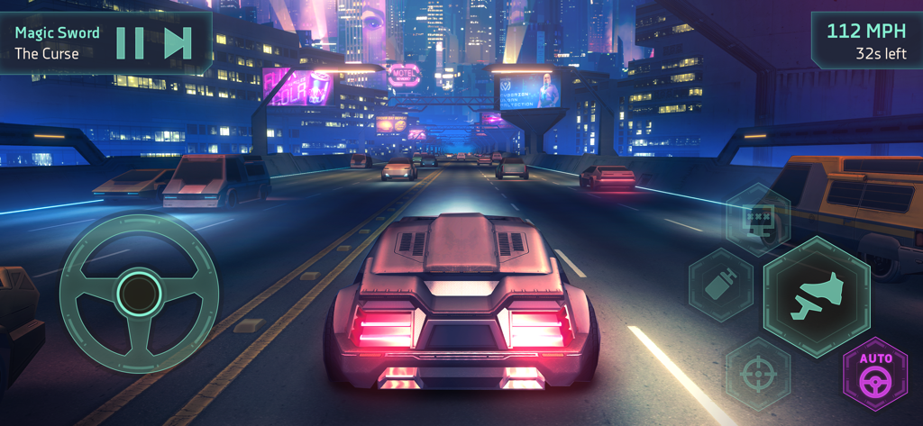 Cyberika: Action Adventure RPG - Un coche deportivo conduciendo por una ciudad cyberpunk iluminada por neones por la noche en Cyberika