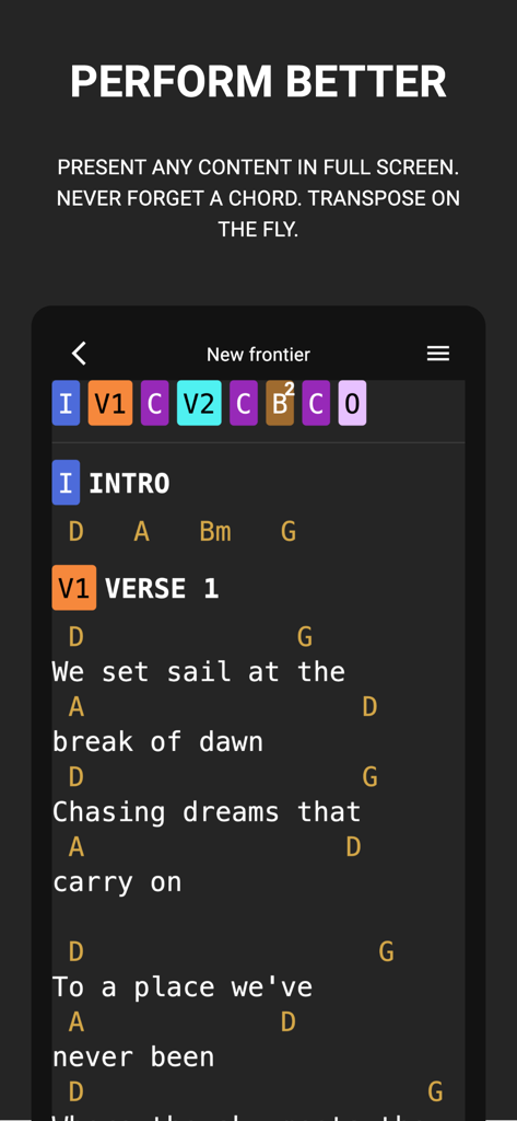 Bandfix: Songbook & Setlists - Bandfix app interface showing song lyrics and chords in live performance mode