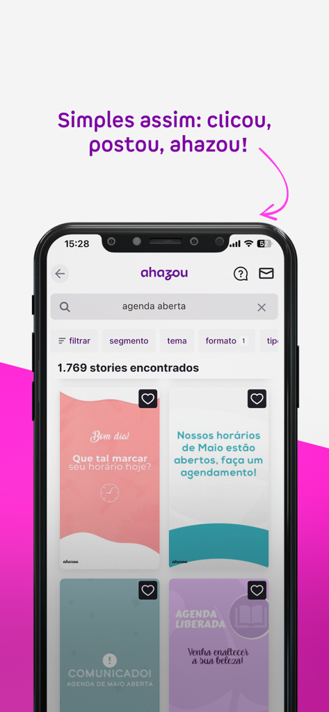 Ahazou: seus posts prontos - Interface do app móvel Ahazou exibindo modelos de stories prontos para redes sociais