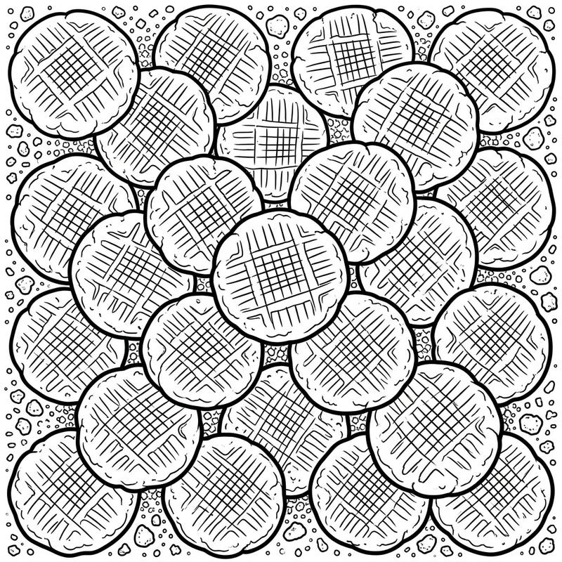 Dive into a delicious world with this intricate coloring page featuring a bountiful array of peanut butter cookies. Each cookie, adorned with its classic crosshatch pattern, promises a satisfying and delightful coloring experience.