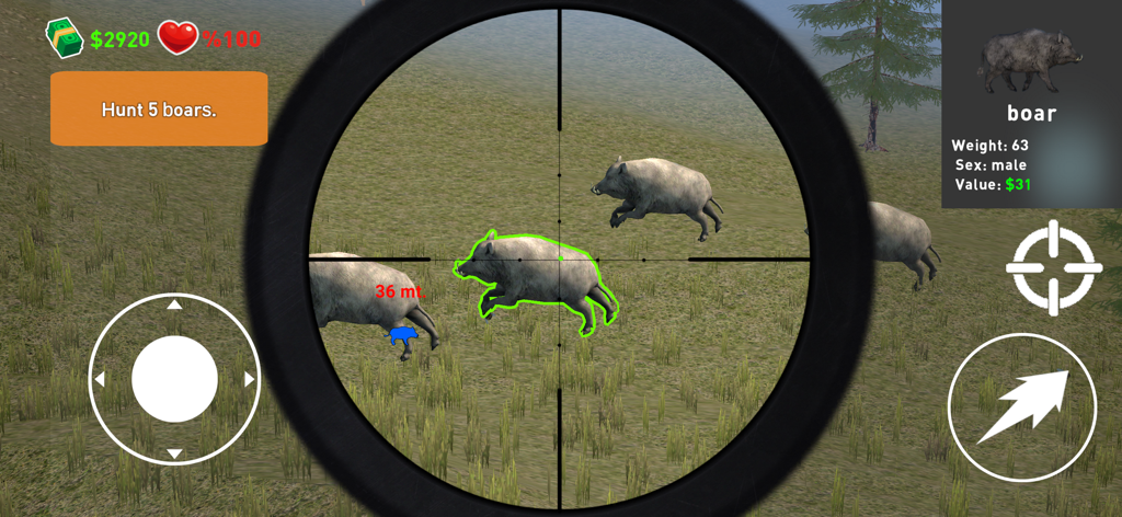 A first person sniper scope view targeting wild boars in a grassy wilderness field.