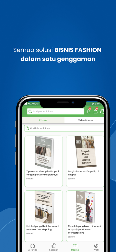 My Fashion Grosir-B2B Fashion - My Fashion Grosir app screen displaying educational e-books and business courses for fashion dropshippers.