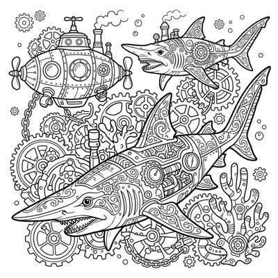 Unleash your imagination with this extraordinary coloring page featuring fierce Goblin Sharks reimagined in an intricate Steampunk style. Discover a world of gears, cogs, and Victorian fantasy as you bring these deep-sea creatures to life.