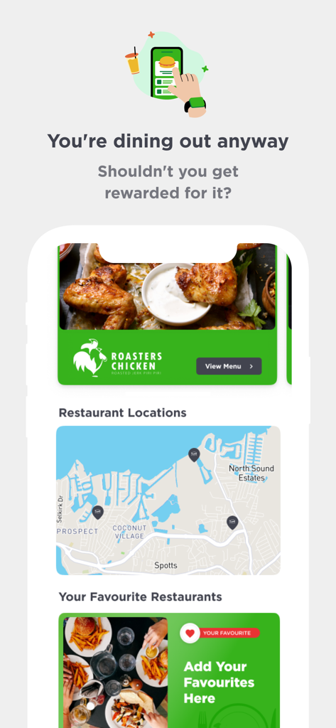 Bite Club Cayman - Bite Club Cayman app interface showing restaurant locations on a map and a favorite dining list.