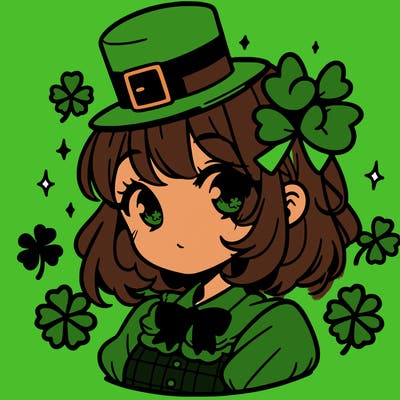 a manga-style girl with clovers around her, a little hat in her hair, like it's saint patrick's day