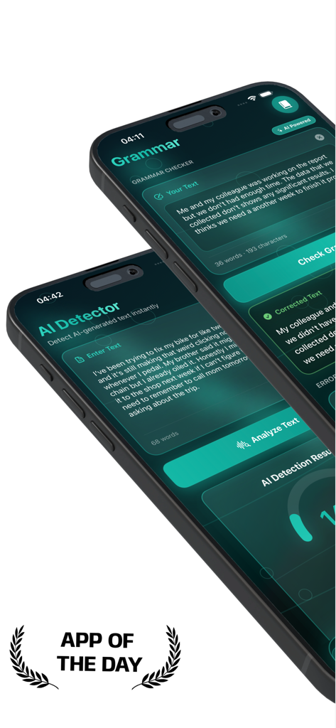 Grammar AI Plagiarism checker - Interface of the Grammar AI and AI detector app showing grammar correction and AI text detection features on iPhones