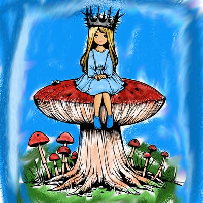 realistic girl sitting on a huge tree stump size toadstool with thorn crown