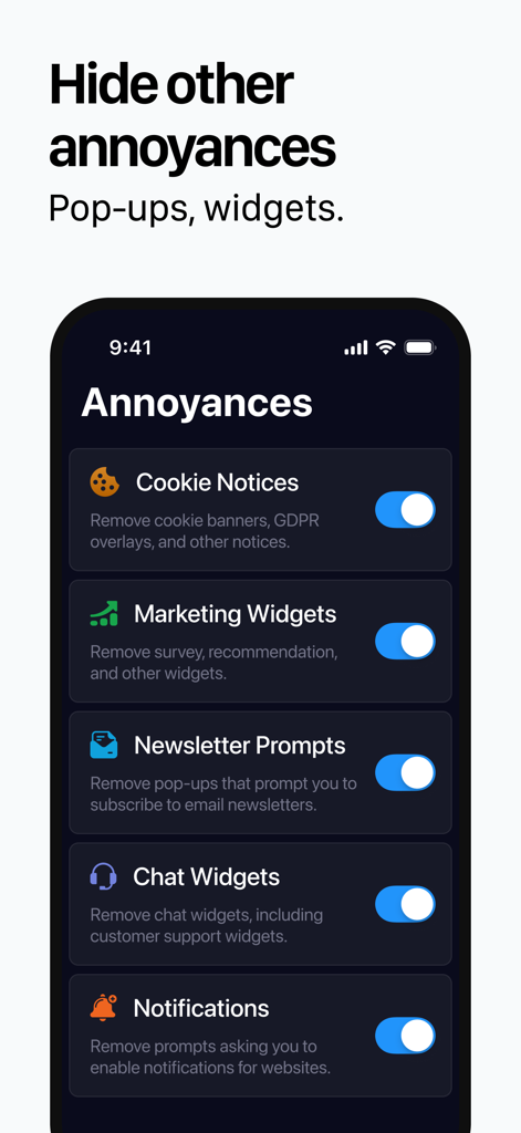 Schermata delle impostazioni di 1Blocker per nascondere avvisi sui cookie e popup di newsletter