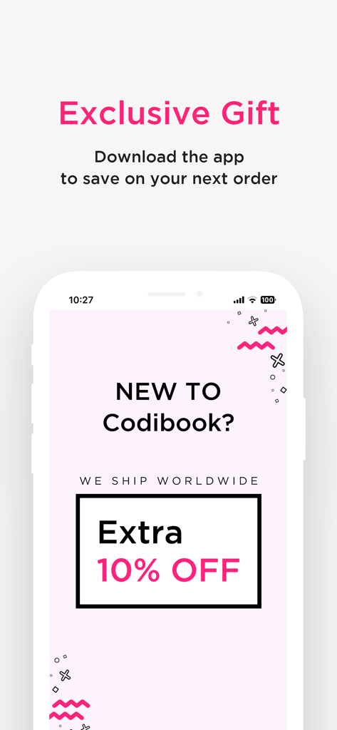Codibook promotional screen offering an extra 10 percent discount for new users with worldwide shipping