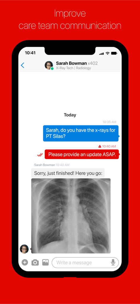 Trillian - L'interface de l'application mobile Trillian présente une communication clinique sécurisée et le partage des radiographies des patients.