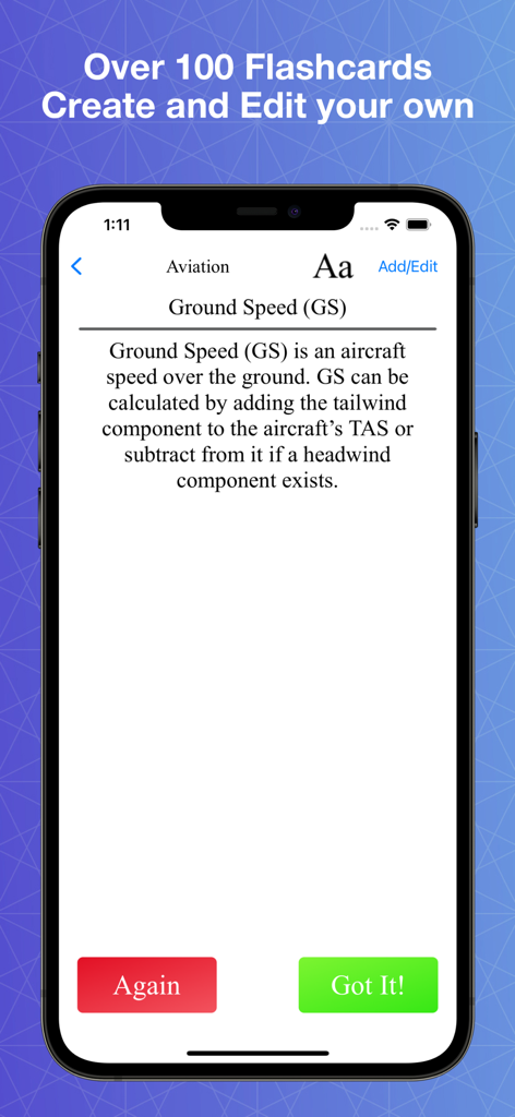 AFOQT & TBAS Prep - Flashcard explaining ground speed within the AFOQT and TBAS Prep mobile app.