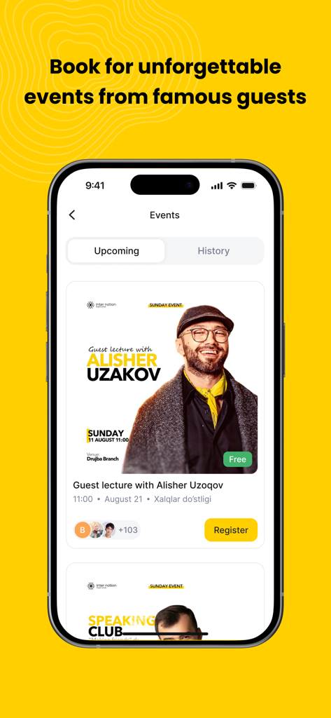 Interface of the Inter Nation Student app showing upcoming events like guest lectures and a registration button