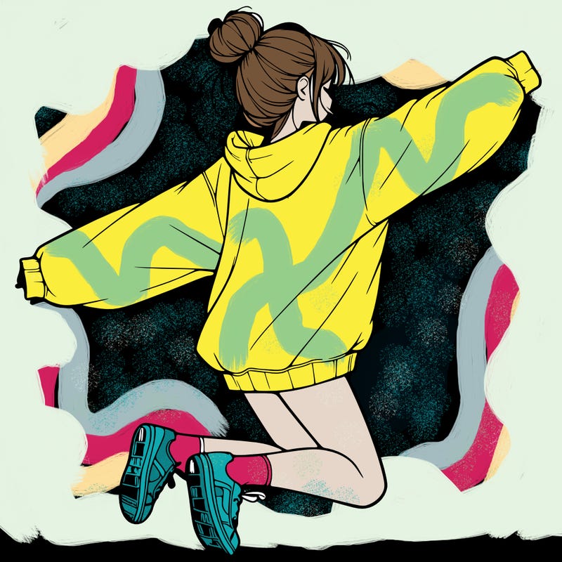 realistic girl jumping with a bun and oversized sweatshirt