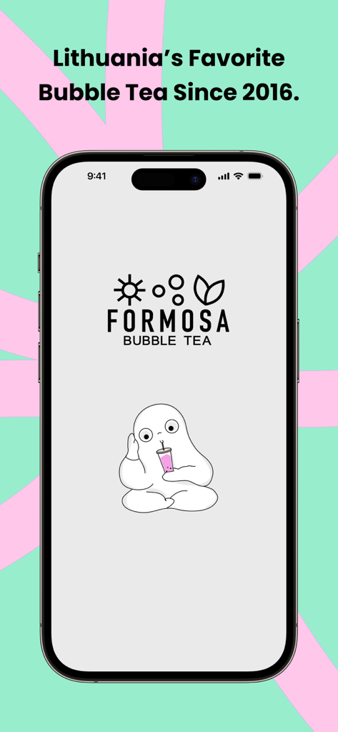 Formosa Bubble Tea - Intro screen of the Formosa Bubble Tea app featuring a cute white mascot drinking boba tea