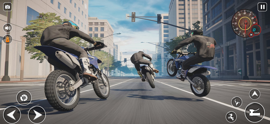 Moto Wheelie 3d - Offline Game - Three motorcycles performing wheelies on a city street in a 3D bike stunt simulator game
