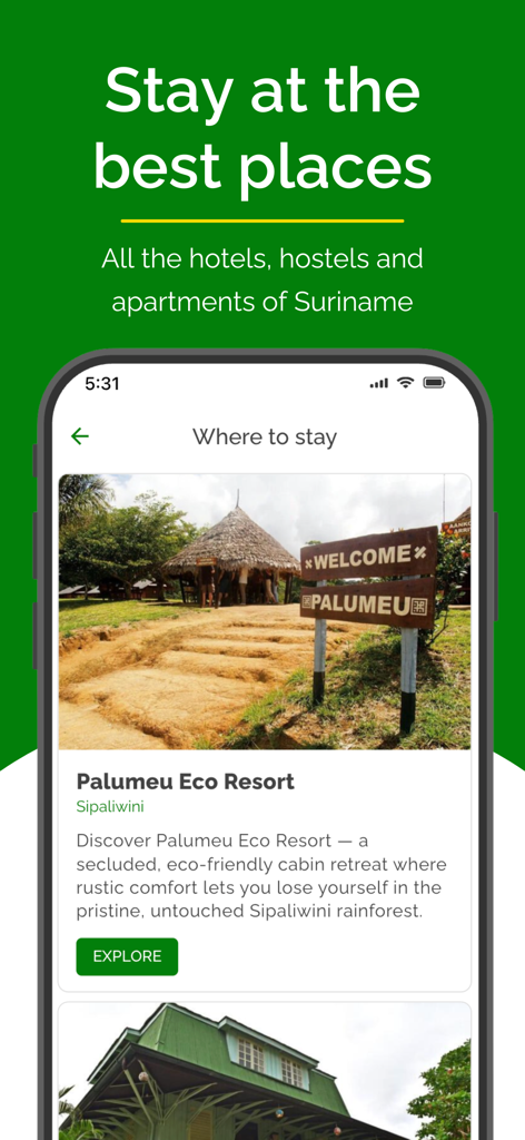 수리남 여행 앱 화면에 Palumeu Eco Resort 및 호텔 숙박 시설 목록이 표시됩니다.