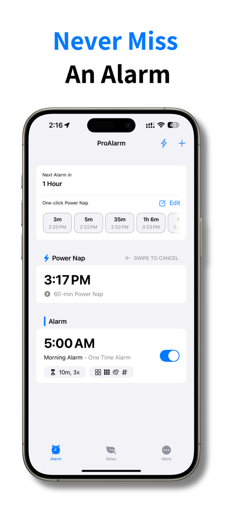 ProAlarm: Mission Alarm Clock - ProAlarm app interface showing power nap and morning alarm options
