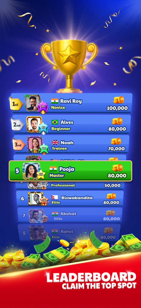 Carrom King game leaderboard showing top ranked players with a golden trophy and rewards