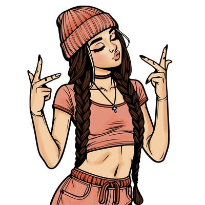 realistic teenage girl with braids and a beanie and crop top doing 🫶🏼