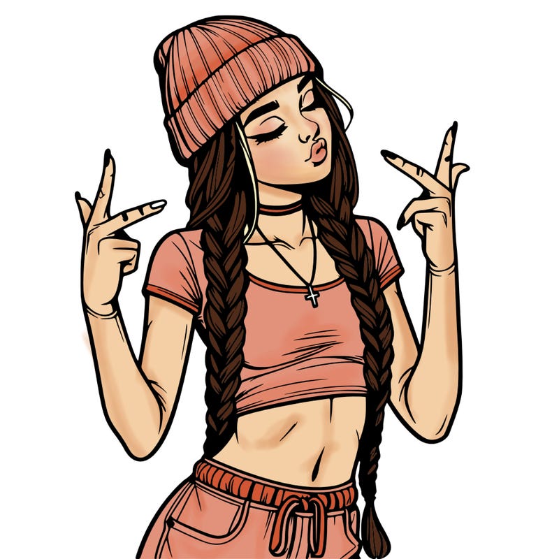 realistic teenage girl with braids and a beanie and crop top doing 🫶🏼