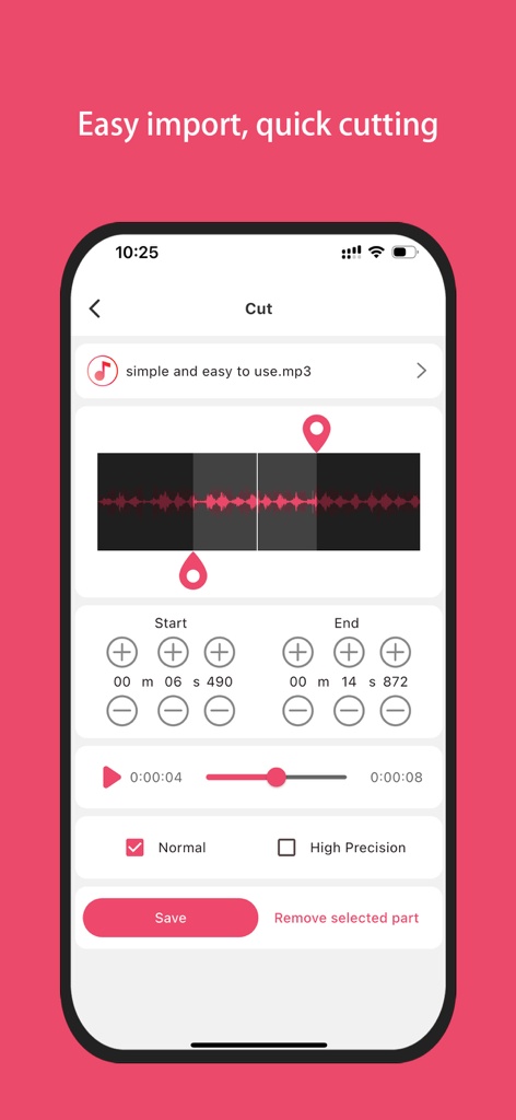 Music Edit Master - Interface de l'application Music Edit Master montrant une chanson en cours de découpage avec des contrôles précis de début et de fin.