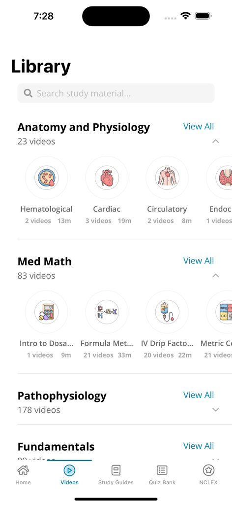 Nursing School & NCLEX Prep - Interfaccia della libreria dell'app SimpleNursing che mostra categorie di studio per la scuola di infermieristica e lezioni video