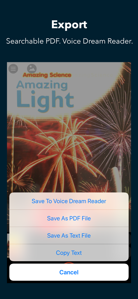 VDScan - VDScan app interface showing export menu with options to save to Voice Dream Reader, PDF, or text file.
