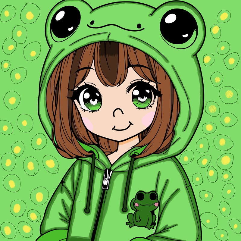 cute realistic girl in a froggy hoodie
